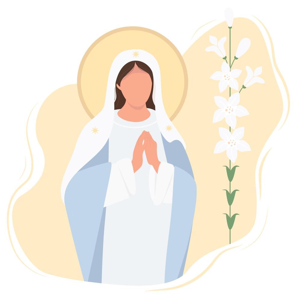 fiesta - anunciación a la santísima virgen maría. madre de jesucristo reza aceptando las buenas noticias ilustración vectorial. tarjeta de maría y lirio - grandes fiestas de la iglesia ortodoxa y católica vector