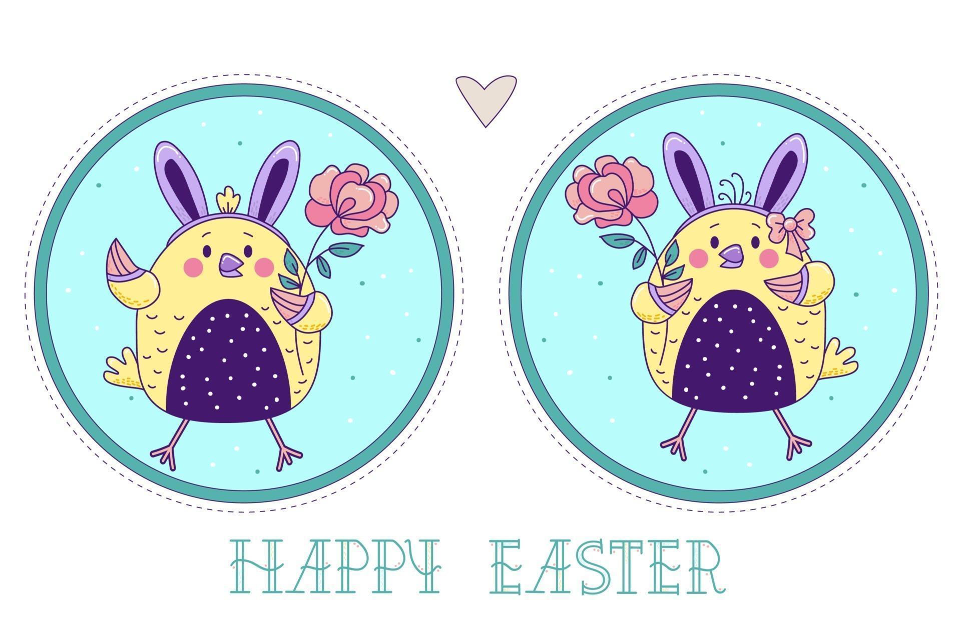 A pair of cute birds. Easter chicks girl and boy with bunny ears and with a rose on a decorative round background. Vector illustration. colorful Happy Easter greeting card