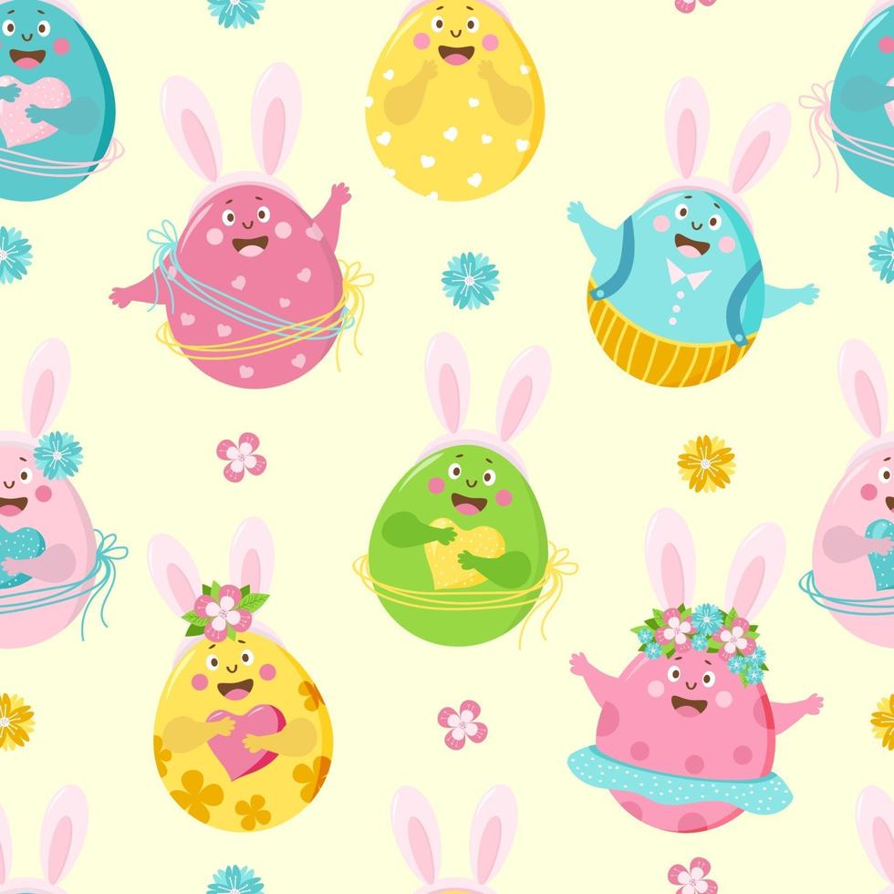 Easter seamless pattern. Funny Easter eggs - girls and boys with faces, emotions and hands with hare ears on a light pink background. Vector. For design, decoration, printing, packaging and wallpaper vector