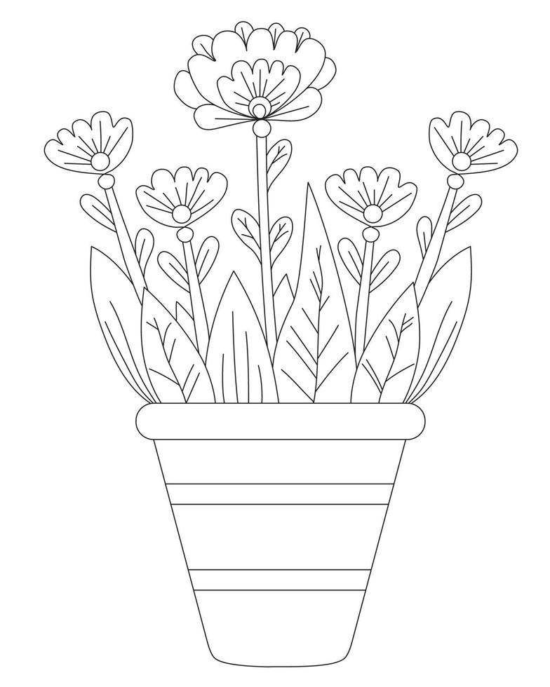 flores de primavera en una maceta. dibujo vectorial. línea negra, contorno. Fondo blanco. planta de interior decorativa en una maceta para impresión, decoración y diseño, impresión, decoración y tarjetas vector