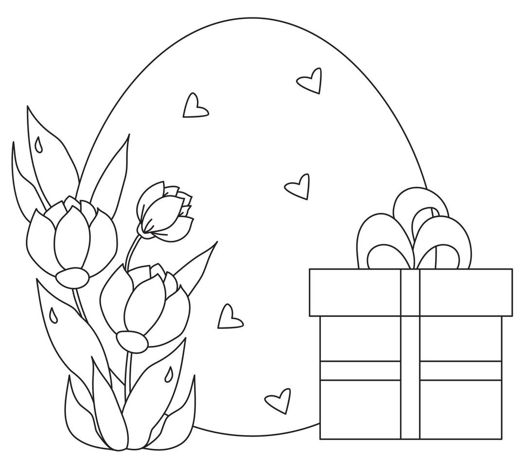 Easter card. Large Easter egg with a bouquet of flowers and leaves and a box with a gift. Vector. Black line, outline. Illustration for design, decor, print, postcards for happy Easter vector