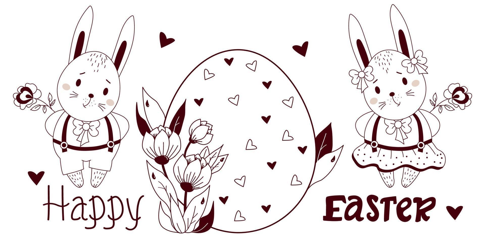 Happy Easter - card with cute Easter bunnies. Boy and girl with a large Easter egg and flowers. Vector illustration, outline. For design, decor, greeting cards and print, registration, congratulations