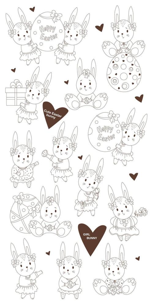 Set of sketched Easter with cute bunnies girls - with a gift, with an Easter egg, with flowers in dress and with a bow. Vector illustration. line, outline. decorative drawings for design Happy Easter