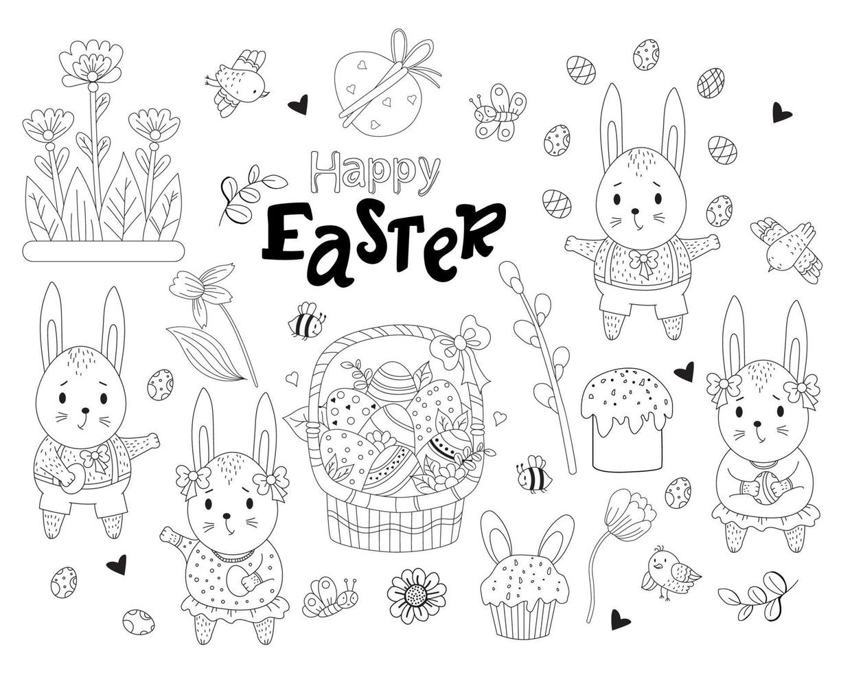 Set of drawings Happy Easter. Cute bunnies girls and boys with Easter eggs in their paws, Easter cakes, birds and butterflies, flowers and basket, bees and leaves. Set oodles outline. Vector