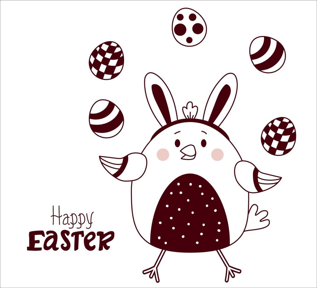 Decorative postcard Happy Easter. Easter chicken. A cute bird with bunny ears on its head and with Easter eggs. Vector. Line, outline. For design, decor, print, decoration, holiday cards, banners vector