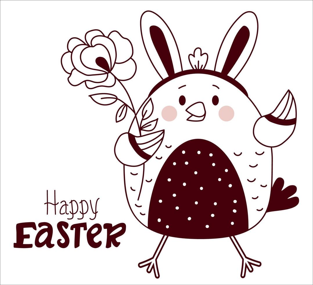 Happy Easter decorative card. Easter cute chicken with bunny ears on its head and a rose flower. Vector sketch, line. For design, decor, print, holiday cards and banners