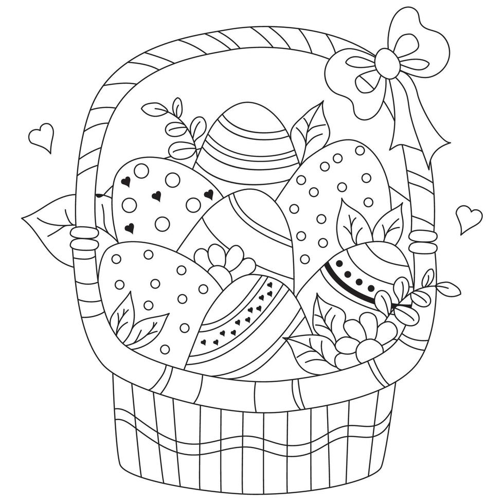 Easter basket with decorative eggs, flowers and leaves, Heart and bow. Vector drawing. Black line, outline. Decor for design and cards Happy Easter