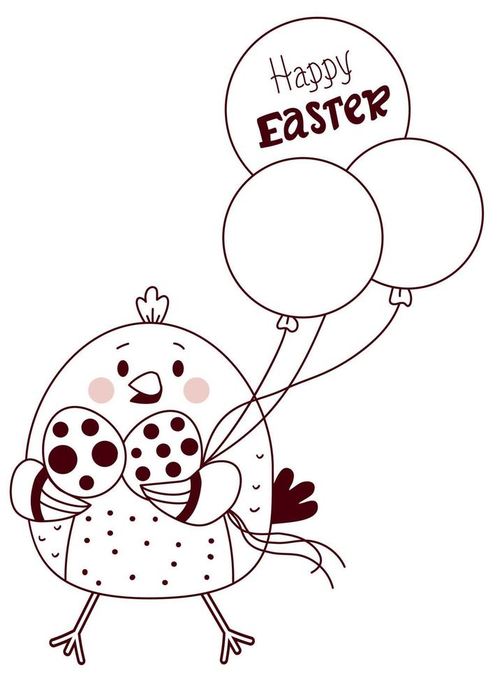 Happy Easter card. Easter chicken with Easter eggs and balloons. Vector drawing, sketched Easter. Line, Outline. Card for holiday greetings, design, decor, print, holiday cards and banners