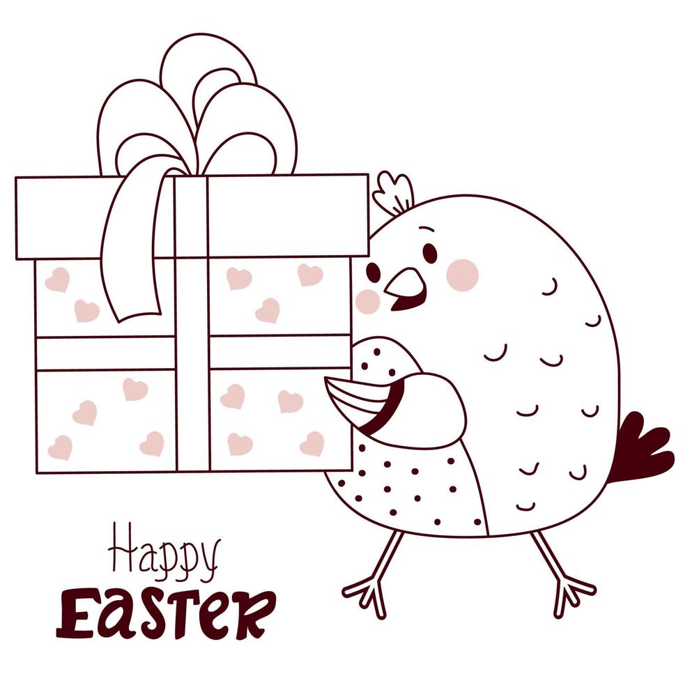 Happy Easter decorative card. Easter cute chicken with big gift box with ribbon. Vector drawing, line. Funny sketch for congratulations For design, decor, print, holiday cards and banners