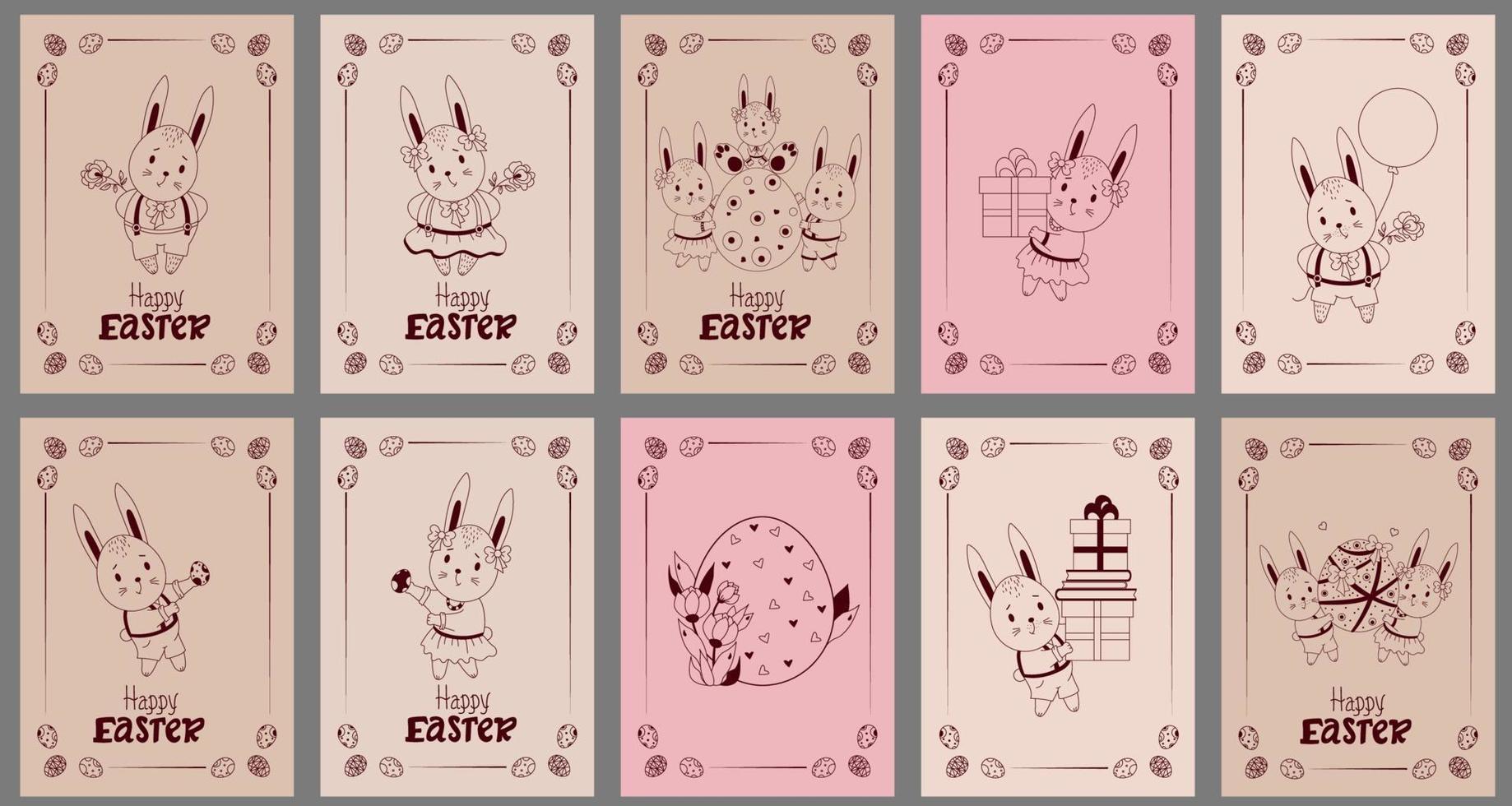 Set of postcards Happy Easter - with cute Easter bunnies. Hare, a boy in shorts, a girl with a flower, a family with a child, an Easter egg, gifts and balloons. Vector illustration, outline