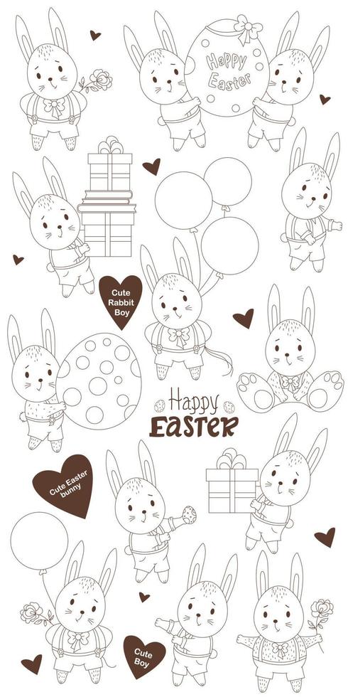 A set of Easter sketches with cute bunny boys - with a gift, with an Easter egg, with flowers, with a balloon, boxes in pants and shorts with suspenders. Vector. outline. decor for design Happy Easter vector