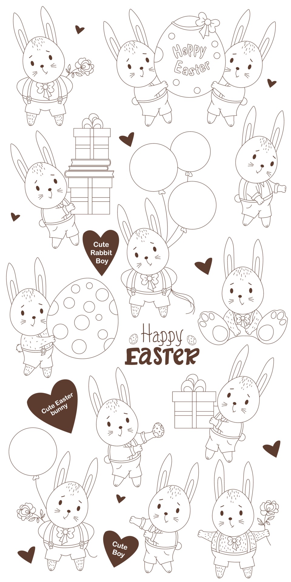 A Set Of Easter Sketches With Cute Bunny Boys With A Gift With An Easter Egg With Flowers With A Balloon Boxes In Pants And Shorts With Suspenders Vector Outline Decor Find the perfect sketch easter eggs image. easter sketches with cute bunny boys