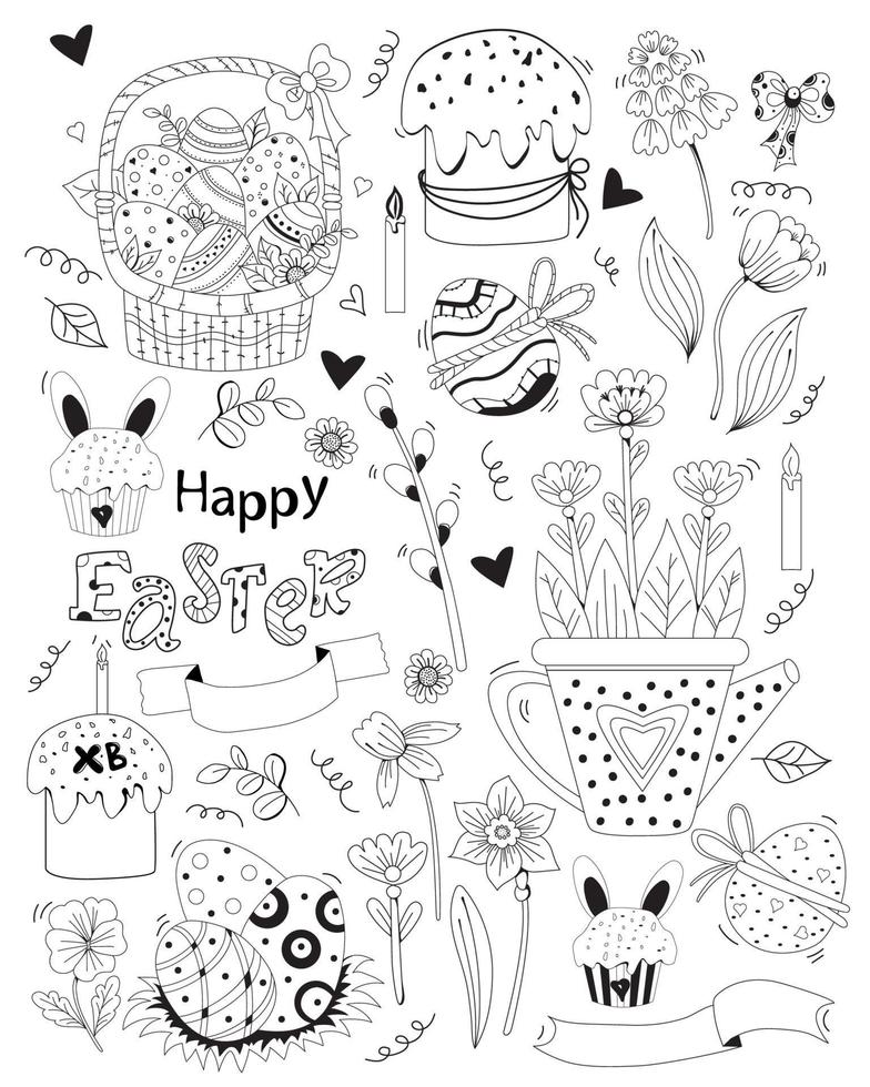 Felices Pascuas. conjunto de garabatos de pascua - canasta con huevos de pascua, pasteles de pascua, cupcake, conejo, flores y hojas, decoración navideña. vector. línea negra, contorno. linda decoración para diseño, impresión y postales vector