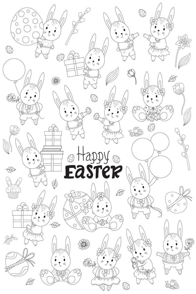 easter collection outline. Cute Easter Bunnies-girls in a dress with a bow, boys in shorts, with flowers, with gift, with an Easter egg, with a balloon, flowers and birds. Vector illustration. line