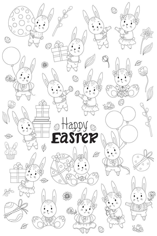 esquema de colección de pascua. lindos conejitos de pascua-niñas con un vestido con lazo, niños en pantalones cortos, con flores, con regalo, con un huevo de pascua, con un globo, flores y pájaros. ilustración vectorial. línea vector