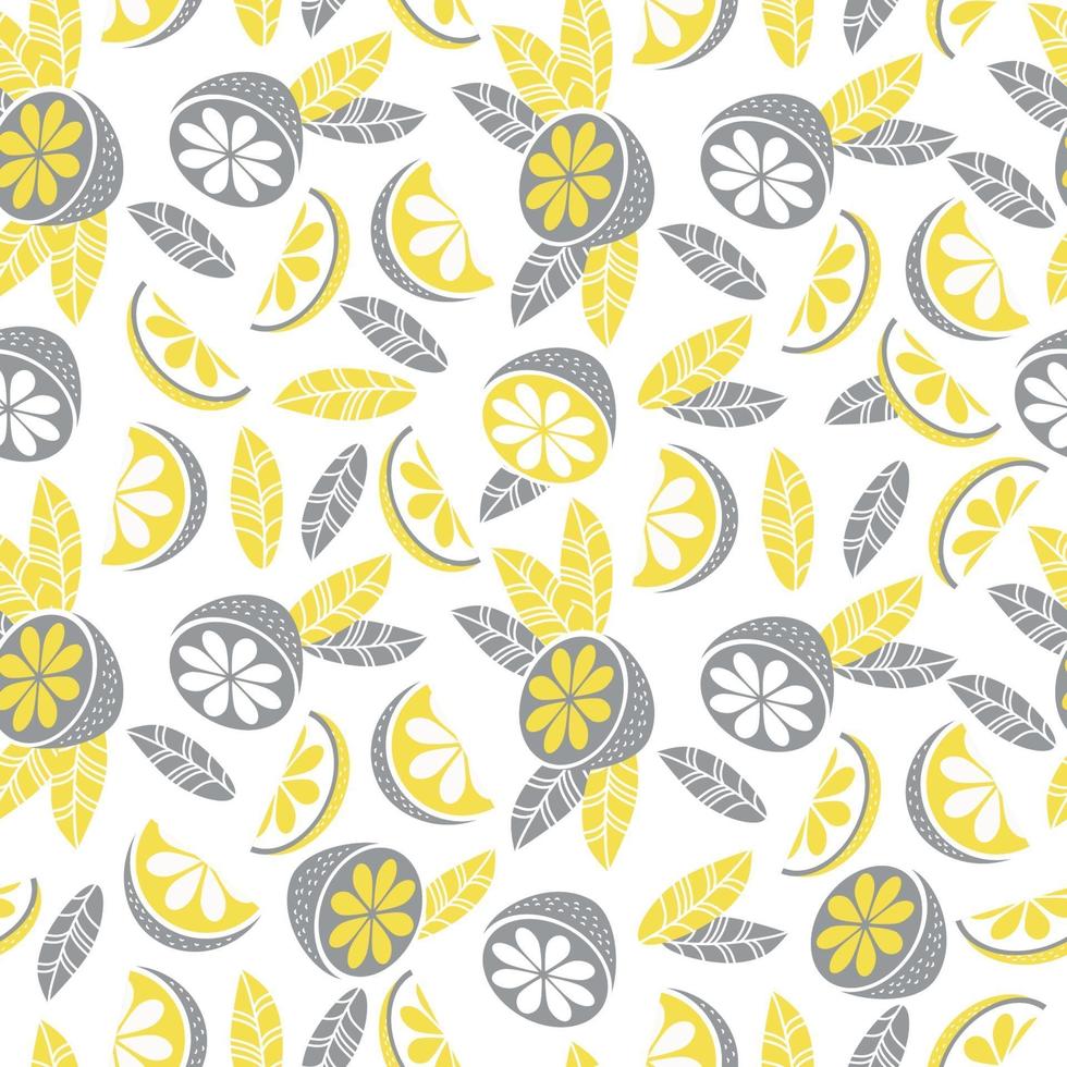 Seamless pattern in yellow-gray color. Decor, citrus fruits, leaves and branches on a white background. Vector illustration. For textiles, wallpaper, design, printing, packaging and decoration