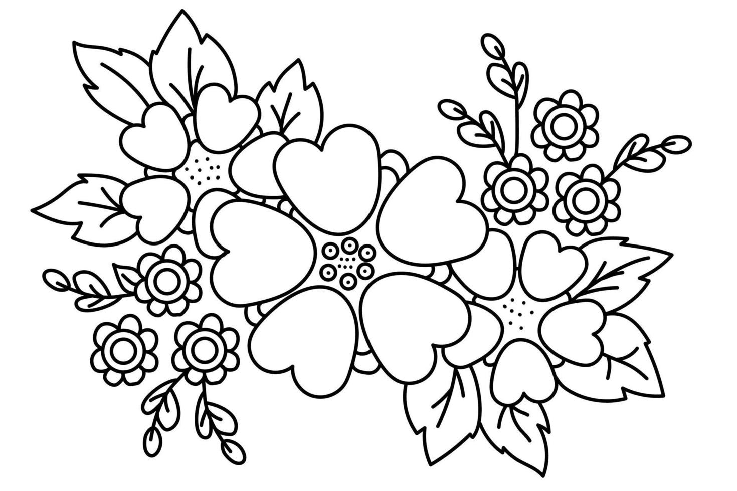 Floral pattern. Decorative flower arrangement, a bouquet of plants and flowers, branches and leaves. Vector drawing. Black line, outline. White background. for printing, decor, design and postcards