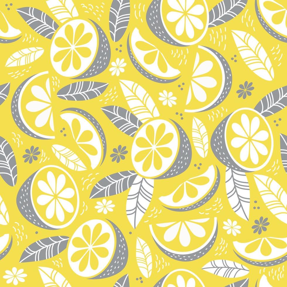 Seamless pattern in yellow-gray color. Decor, citrus fruits, leaves and branches on a yellow background. Vector illustration. For textiles, wallpaper, design, printing, packaging and decoration