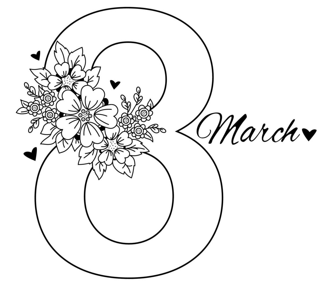 8 de marzo. Tarjeta navideña para el día internacional de la mujer. número  ocho, un ramo de flores, corazones y hojas. vector. dibujo decorativo,  línea negra, contorno 2130779 Vector en Vecteezy