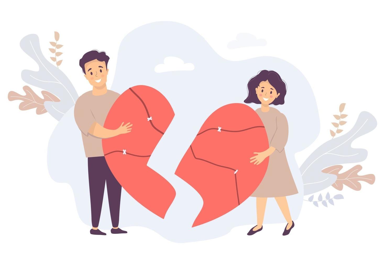 la pareja sostiene mitades rotas del corazón. el hombre y la mujer se reúnen, pegando juntos en un solo gran corazón rojo agrietado contra. vector. concepto de amor, restauración de relaciones y familia vector