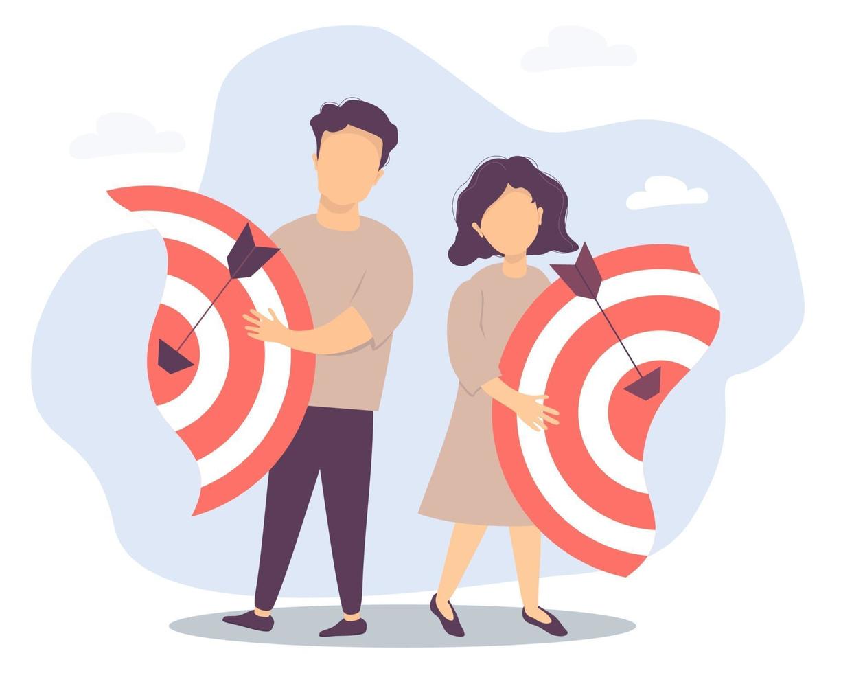 Vector illustration separating the two halves, relationships and teamwork, collaboration and collapse. Business concept - man and woman diverge. Each holds their own half of the target with arrows