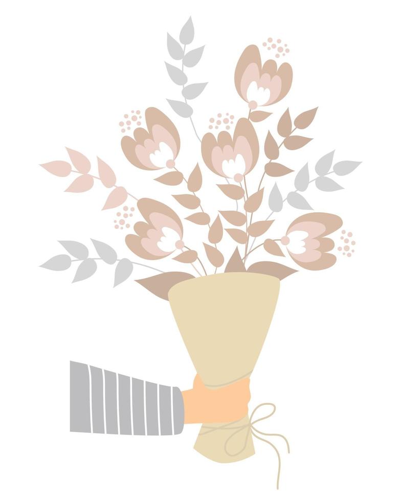 Hand holds a bouquet of flowers and branches. Vector illustration. Color drawing. Isolated. For design, decoration, printing, decoration, postcards and cards, logos