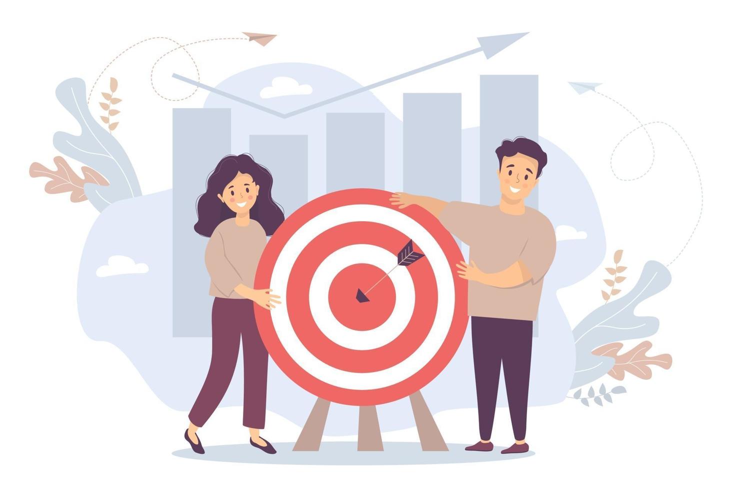 Vector. A man and a woman near a target with an arrow in the center. background and infographics, columns and arrows of growth upward. concept goal, cooperation, result and success, goal achievement. vector