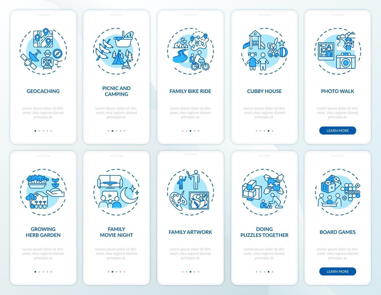 pantalla de la página de la aplicación móvil de incorporación de diversión familiar con conjunto de conceptos vector