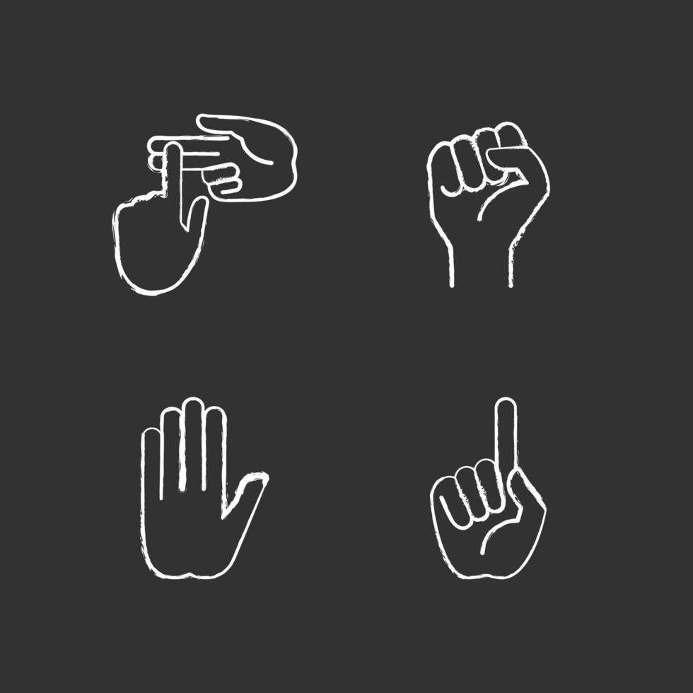Hand gestures chalk white icons set on black background vector