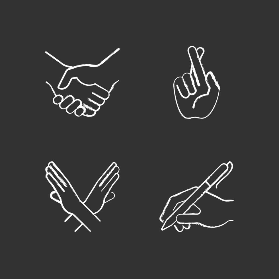 Hand gestures chalk white icons set on black background vector