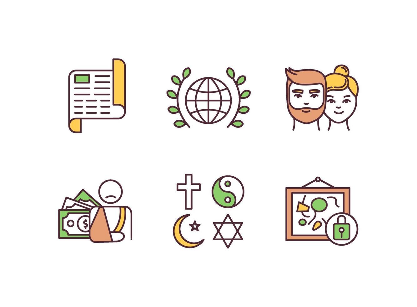 Civil and political rights RGB color icons set vector