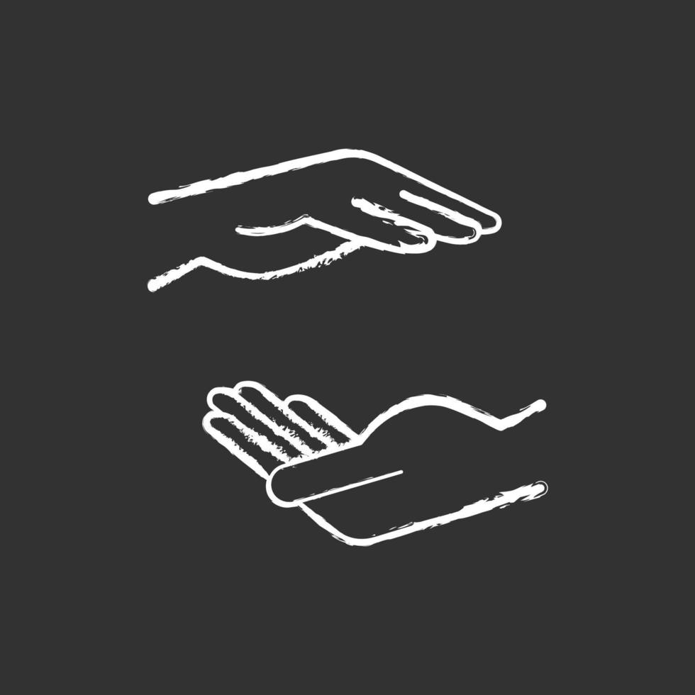 Two hands holding something chalk white icon on black background vector