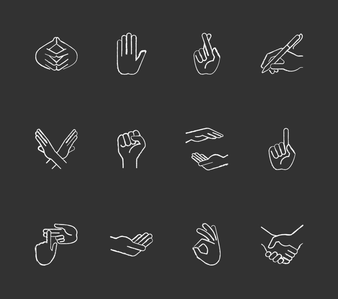 Hand gestures chalk white icons set on black background vector