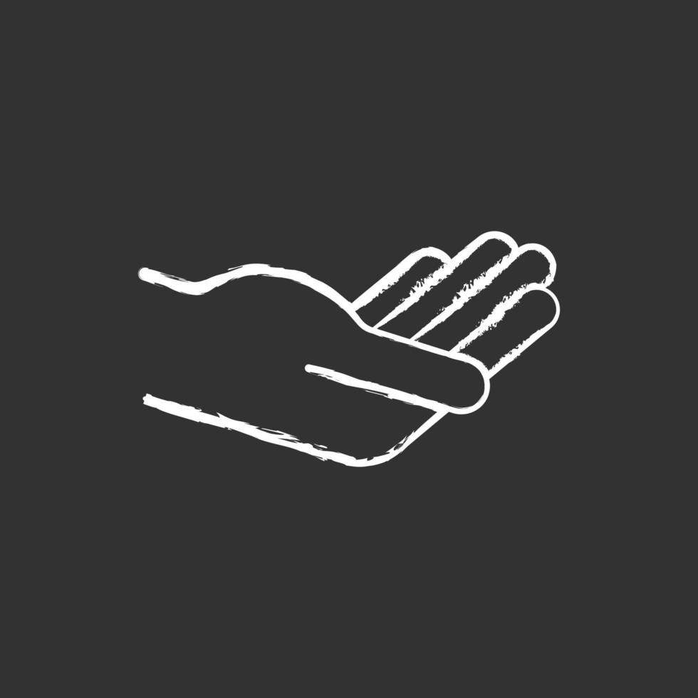 Hand holding something chalk white icon on black background. vector