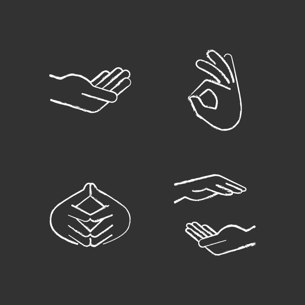 Hand gestures chalk white icons set on black background vector