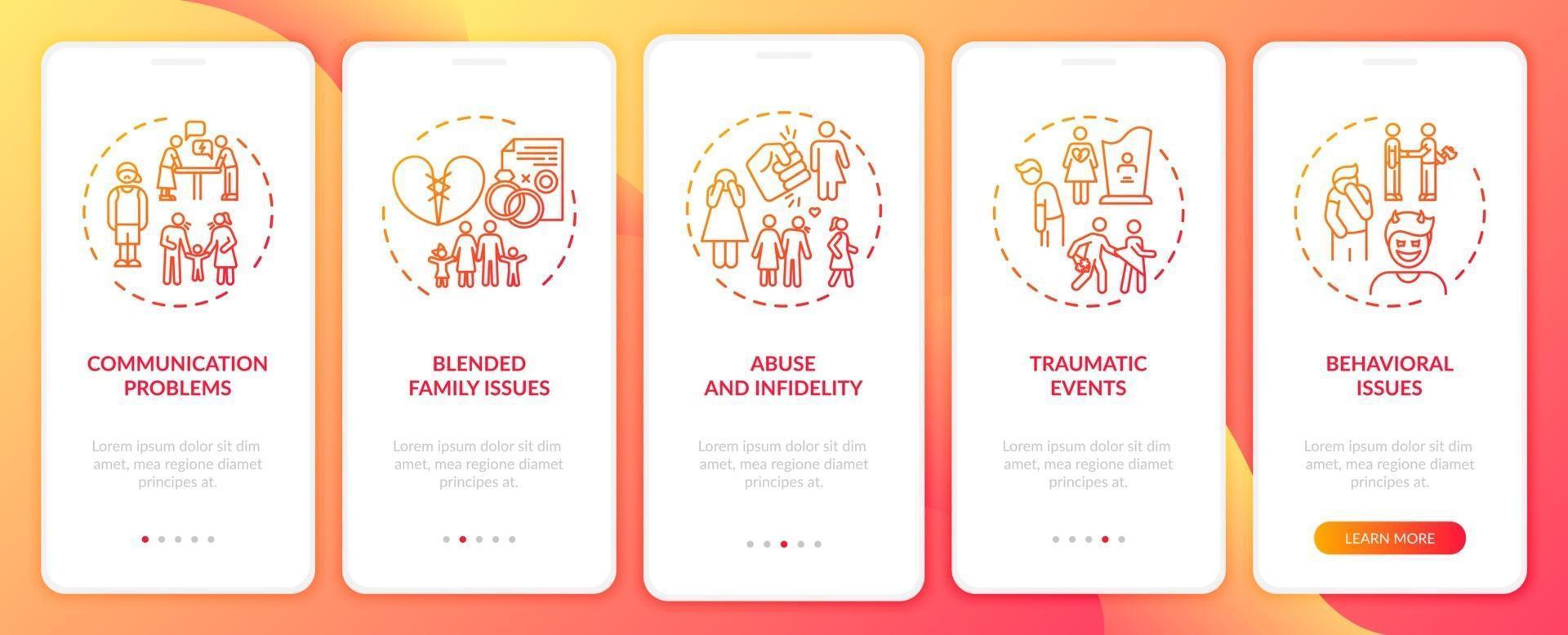 Online family therapy types onboarding mobile app page screen with concepts vector