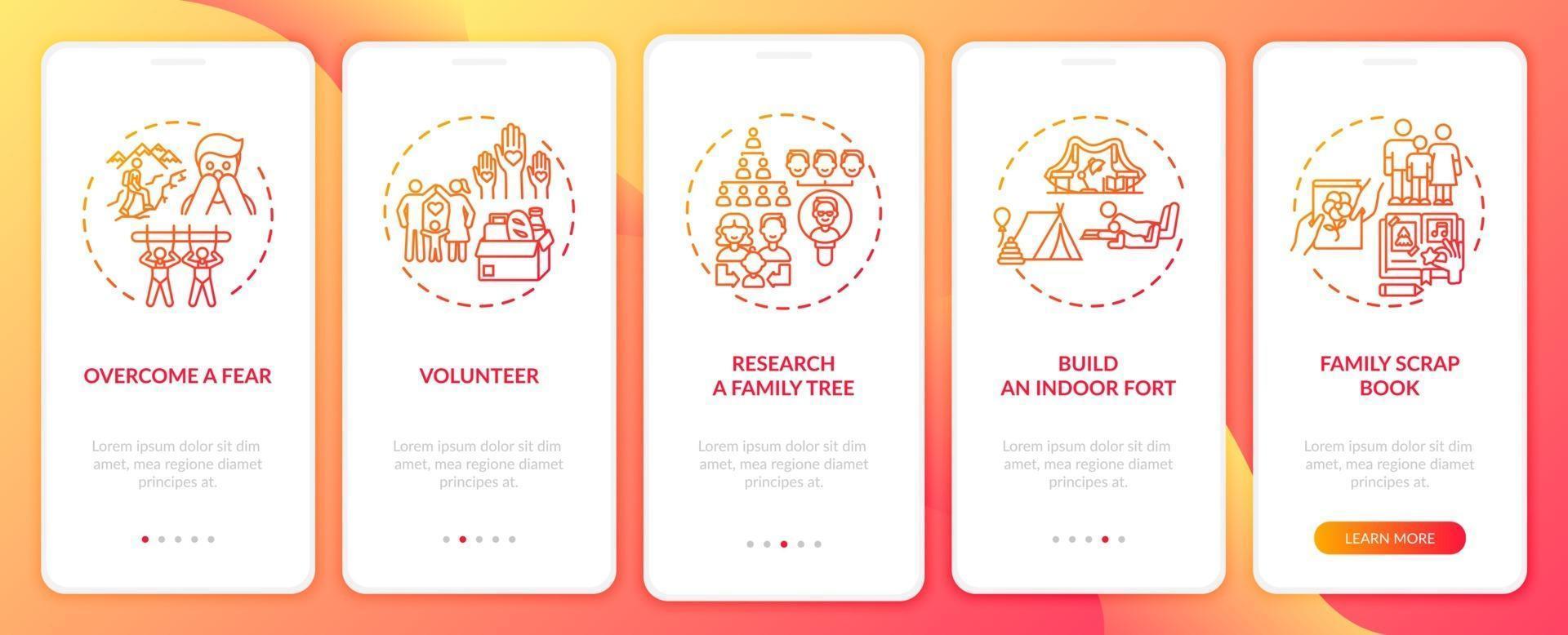 Family bonding tips onboarding mobile app page screen with concepts vector