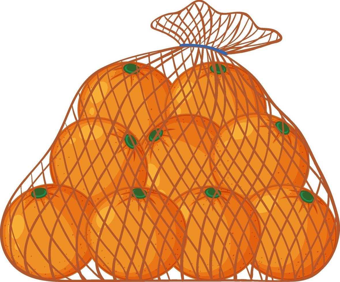naranjas en estilo de dibujos animados de bolsa de red aislado sobre fondo blanco vector