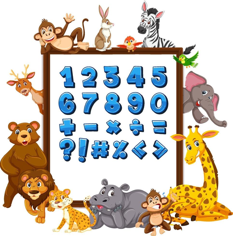 Número 0 a 9 y símbolos matemáticos en banner con animales salvajes. vector