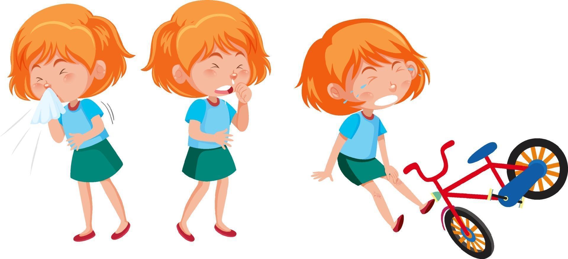 personaje de dibujos animados de una niña haciendo diferentes actividades vector