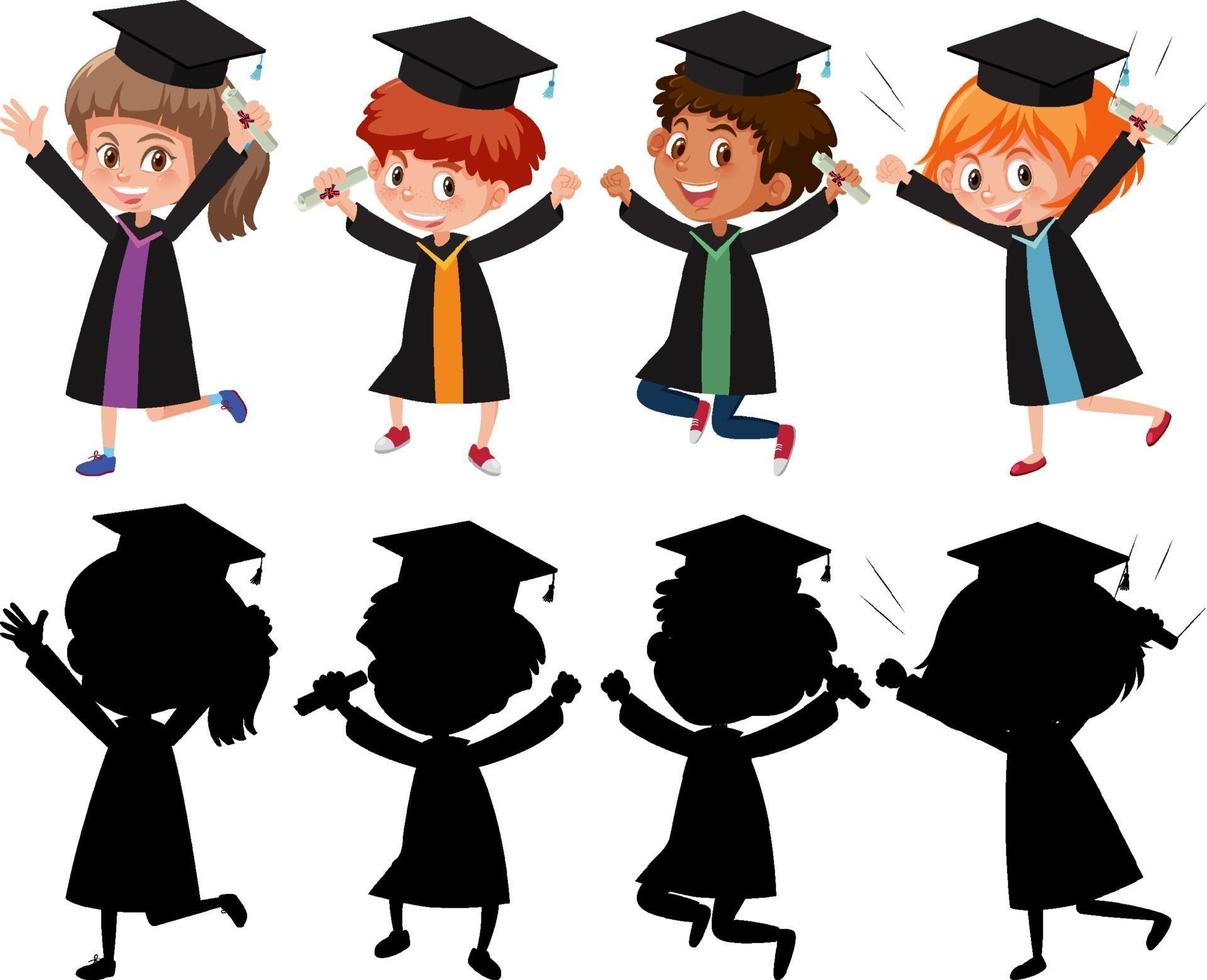 Set of different kids wearing graduation gown with silhouette vector