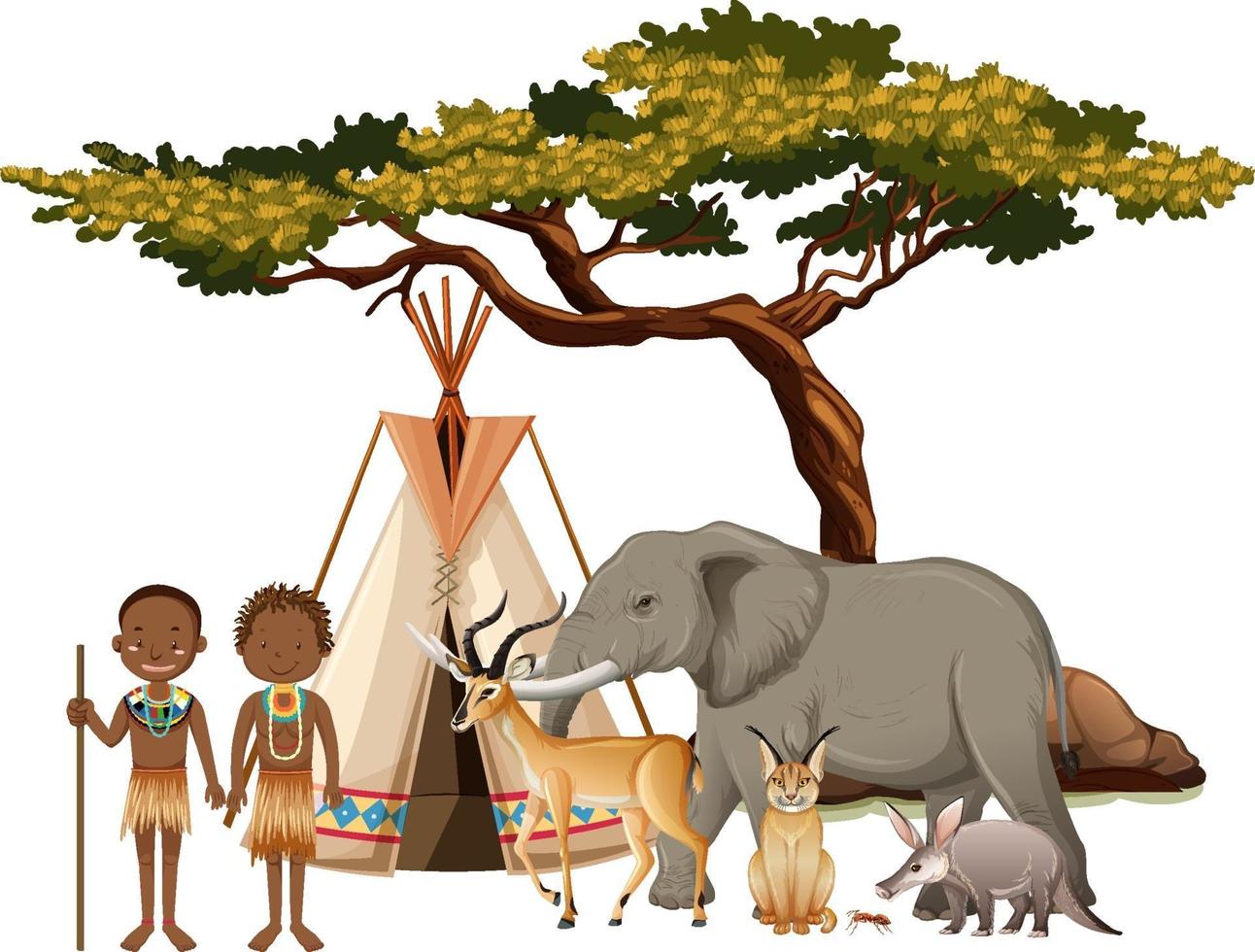 African tribe with group of wild african animal on white background vector