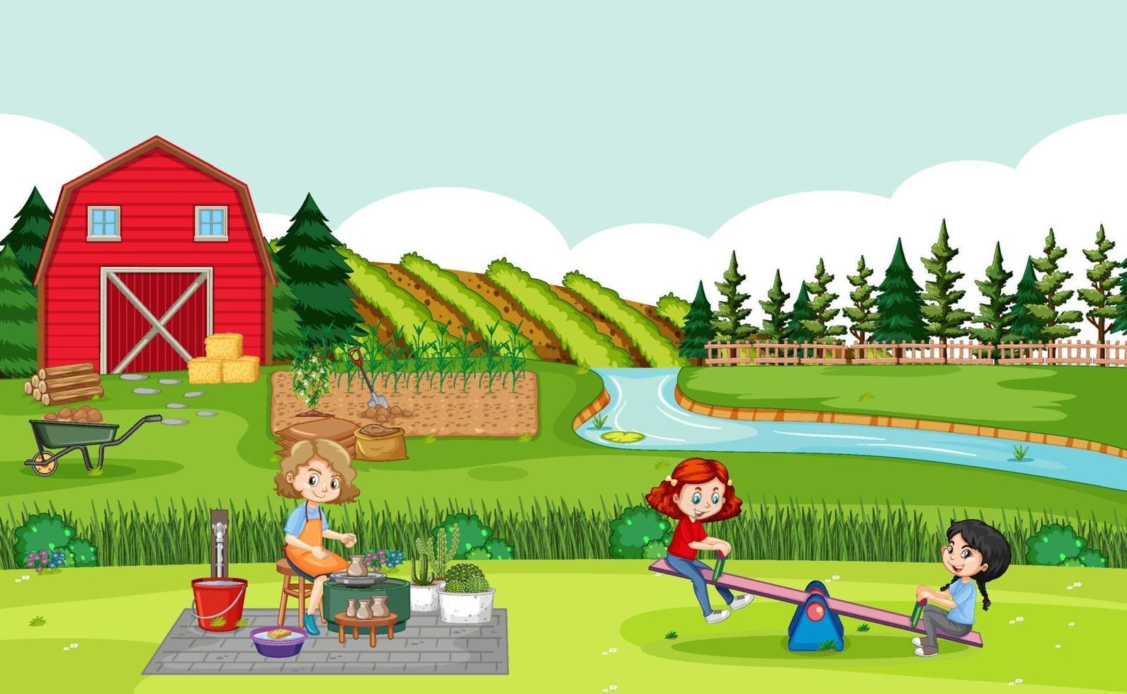 Happy family in farm scene with red barn in field landscape vector