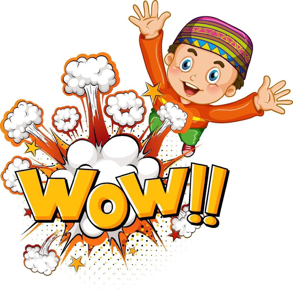 WOW word on bomb explosion with muslim boy cartoon character isolated vector