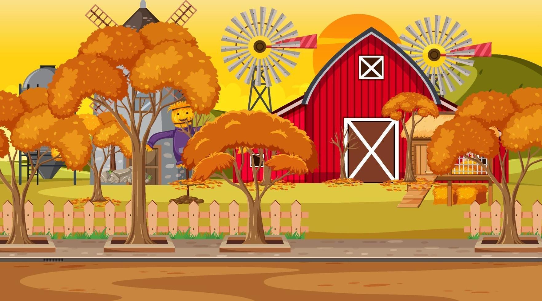 Empty farm scene at sunset time with red barn and windmill vector