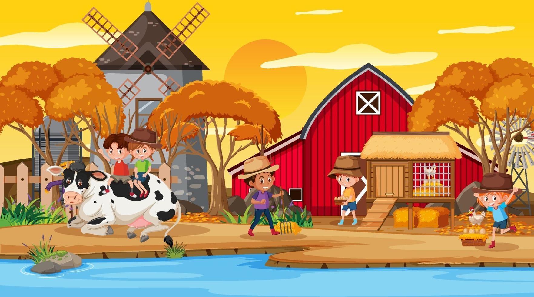 escena de la granja con muchos niños personajes de dibujos animados y animales de granja vector