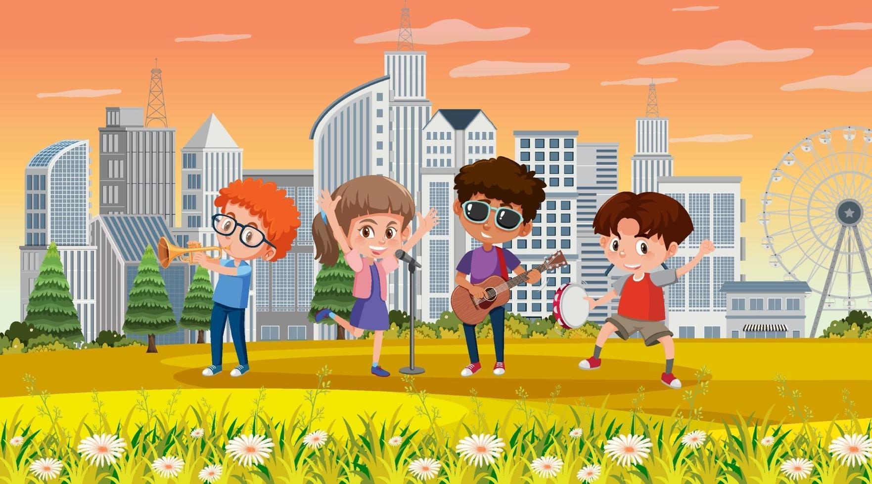 City scene with many children playing music instruments in the park vector