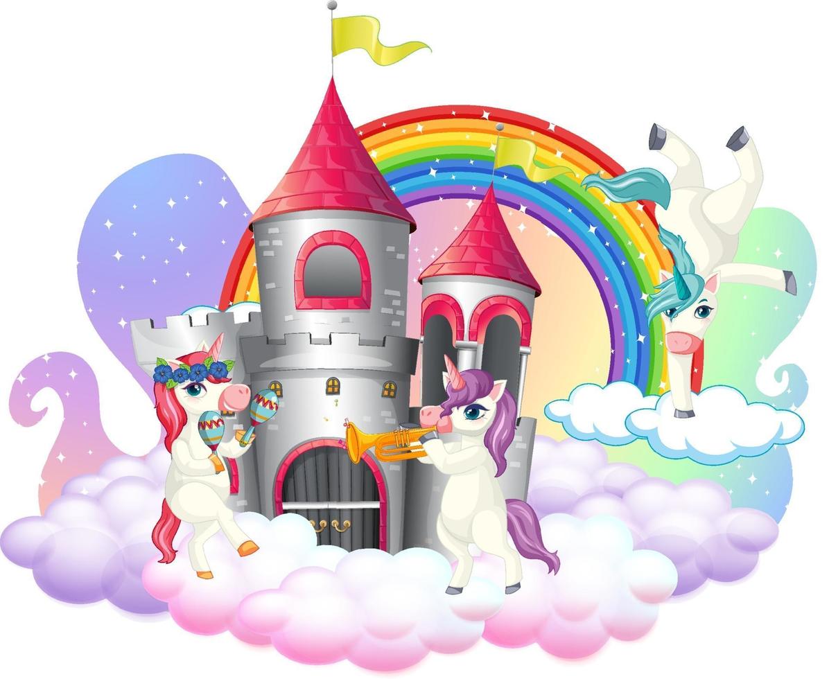 muchos lindos personajes de dibujos animados de unicornios con castillo en la nube vector