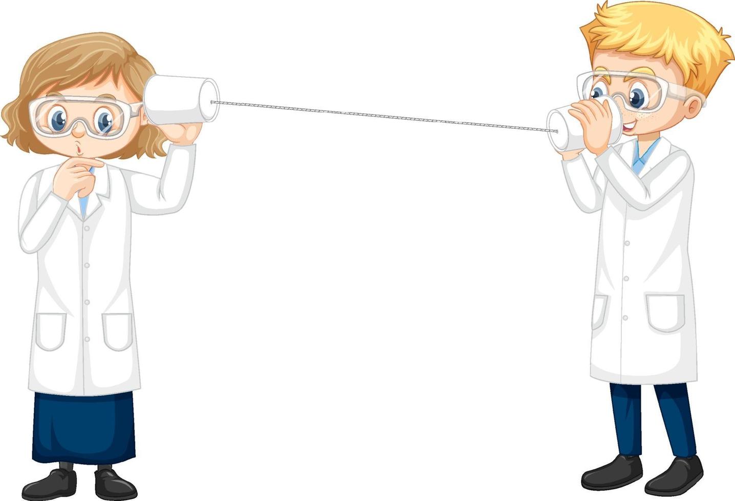 Two young scientist doing string phone experiment vector