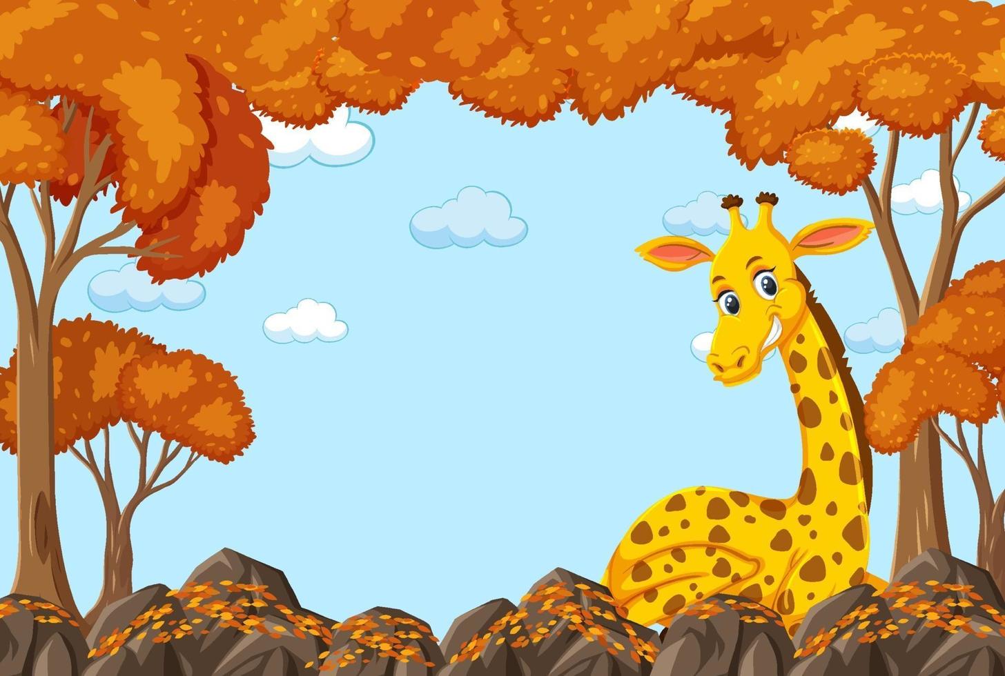 personaje de dibujos animados de jirafa en la escena del bosque otoñal en blanco vector